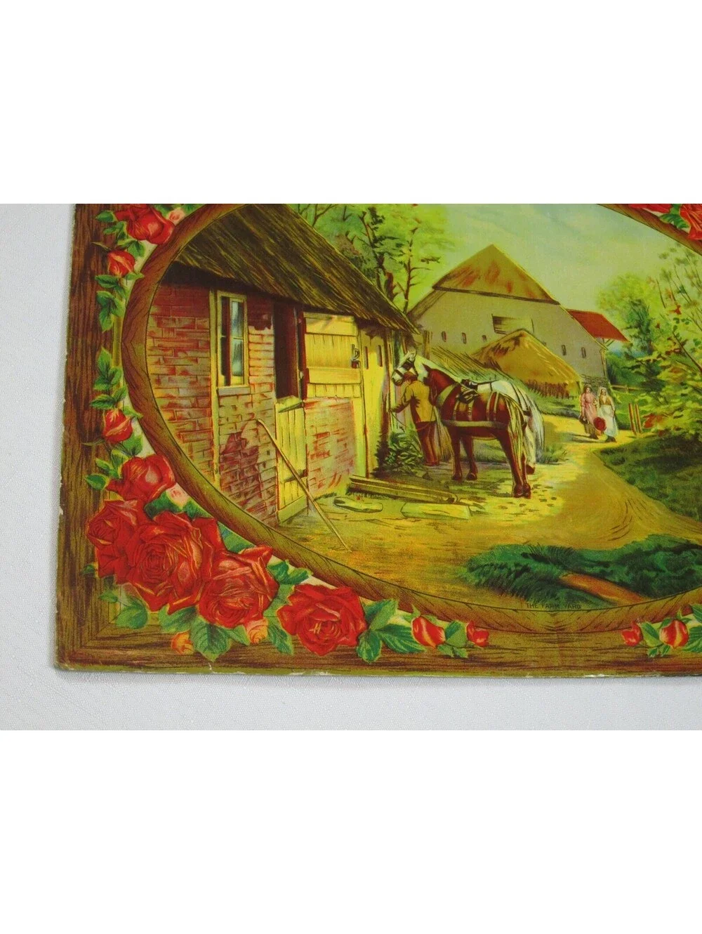 Vintage The Farm Yard Chromolithograph Print Victorian Country Horse Scene 16x12